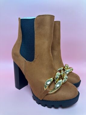 Cape Robbin Tan Suede Ankle Boots with Gold Chain Detail